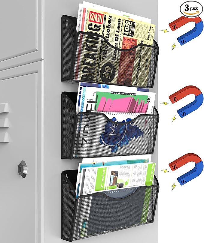 KZWKRG Magnetic File Holder 3PCS Wall File Folder Organizer, No Drilling Hanging Magazine Rack for Refrigerator, Document Paper Mail Folder Holders Office File Magnetic Organizer (Black)