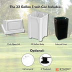 Sturdy Essentials 32 Gallon Square 100% Recycled Plastic Heavy Duty Indoor or Outdoor Commercial Trash Can with Push Lid | Great for Schools and Businesses - White