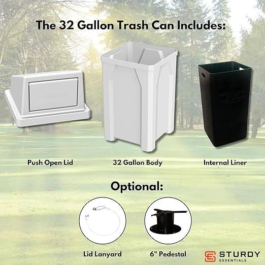 Sturdy Essentials 32 Gallon Square 100% Recycled Plastic Heavy Duty Indoor or Outdoor Commercial Trash Can with Push Lid | Great for Schools and Businesses - White