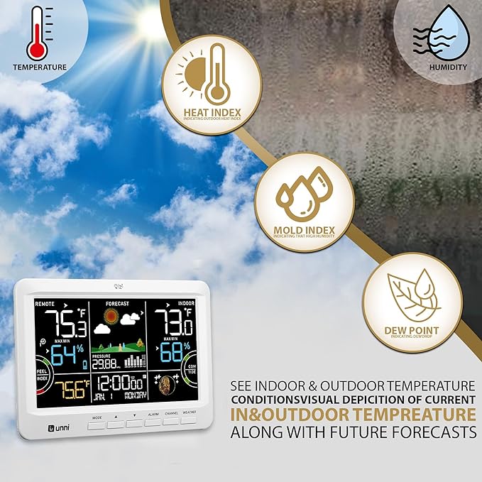 Weather Station Indoor Outdoor Thermometer Wireless, Home Atomic Clock with Large Constant Display, Inside Outside Temperature Humidity Monitor, Dew Heat Point, Barometer White