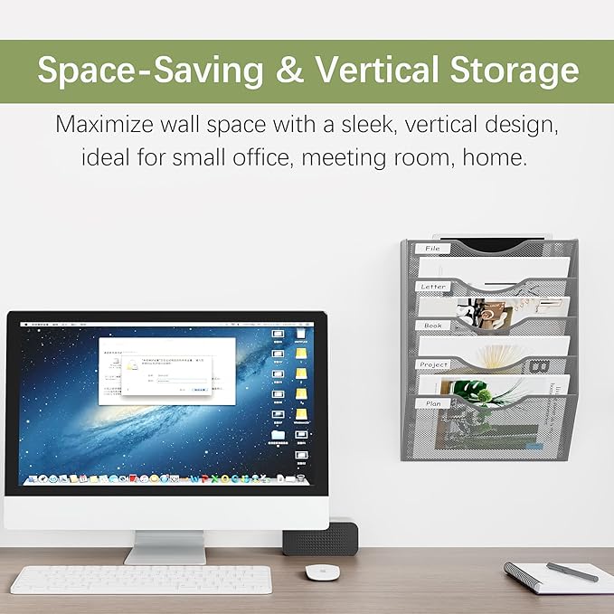 EasyPAG Hanging Wall File Organizer, 5 Pocket Wall Mounted Mail Organizer, Vertical Document Folder Holder with Nametag Label, Space Saving Paper Storage Magazine Rack for Office Home School, Silver