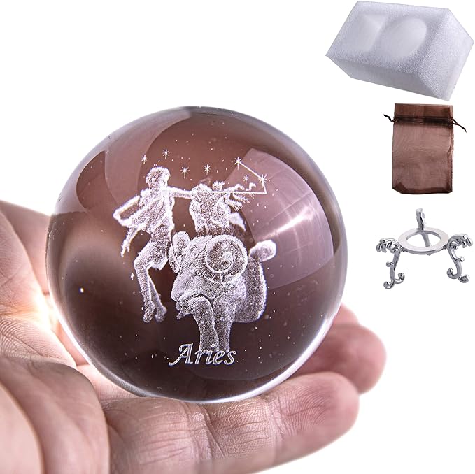 3D Laser Constellation Ball Crystal Paperweight Full Sphere Glass Fengshui with Sliver-Plated Flowering Stand(Aries)
