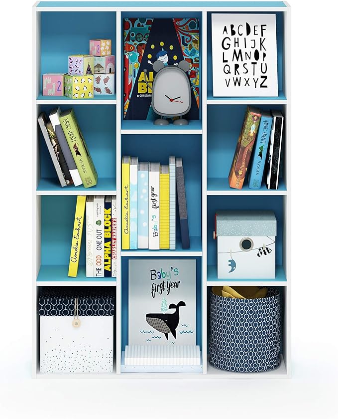 Furinno LUDER Book Shelf, 11-Cube Bookshelf, Reversible Bookcase, 9.4 x 29.1 x 41.7, for Living Room, Bedroom, Home Office, White/Light Blue