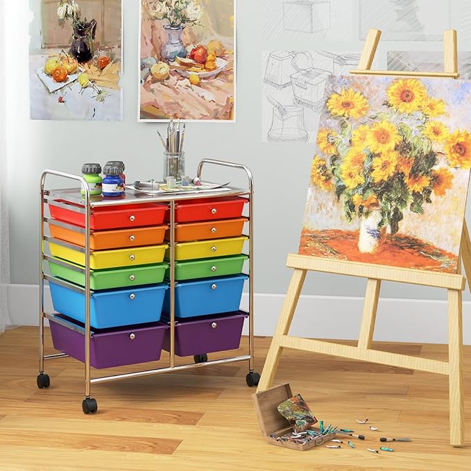 LDAILY 12 Drawer Rolling Storage Cart, Craft Cart Organizer on Wheels w/Metal Frame, Large Capacity & Smooth Drawer, Rolling Cart w/Drawers for Classroom, Office