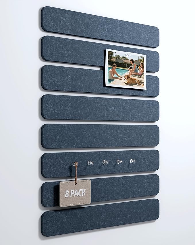 Fluxynara Cork Board Alternative Felt Strip Board 8-Pack 13"x2", Office Pin Board with 50 Push Pins, Adhesive Install for Bedroom Door & Home Office(Denim Blue)