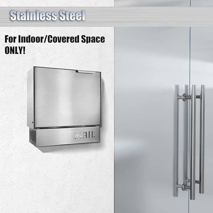 Pochar Stainless Steel Mailbox for Walls, Heavy Duty Wall Mounted Mailbox with Newspaper Holder - 11'' x 4.5'' x 11.50'' Silver Rust Proof Steel Dropbox(Silver)