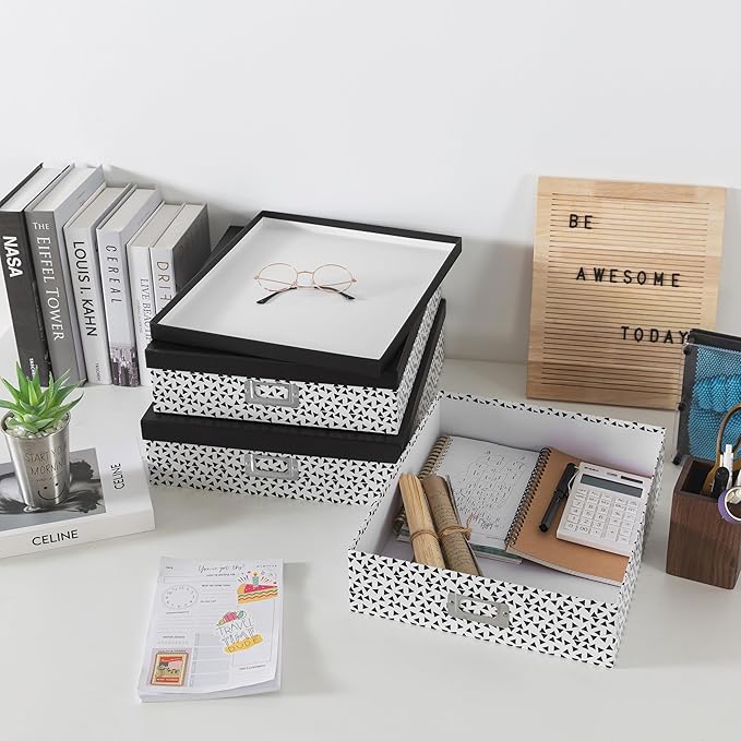 Soul & Lane Decorative Storage Boxes With Lids, Set of 3 Nesting Black and White Letter and Document Box Set for Photos, Scrapbooks, Keepsakes (Whimsical Triangles)