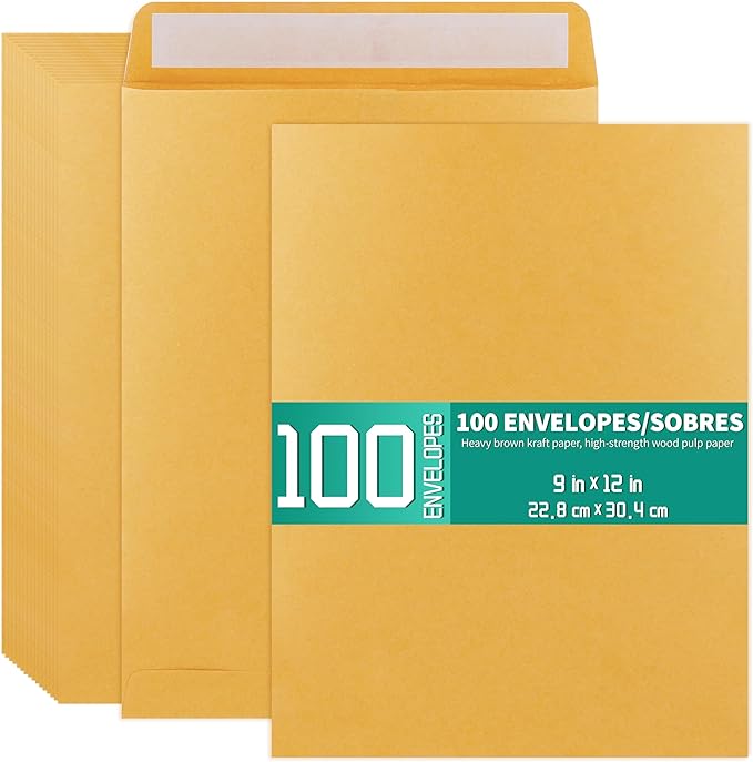9x12 Catalog Mailing Envelopes - 100 Count, Self Seal Stay Flat Brown Kraft Envelopes, Heavy Duty Shipping Mailers for Documents, Photos & Letters, Peel & Seal Closure