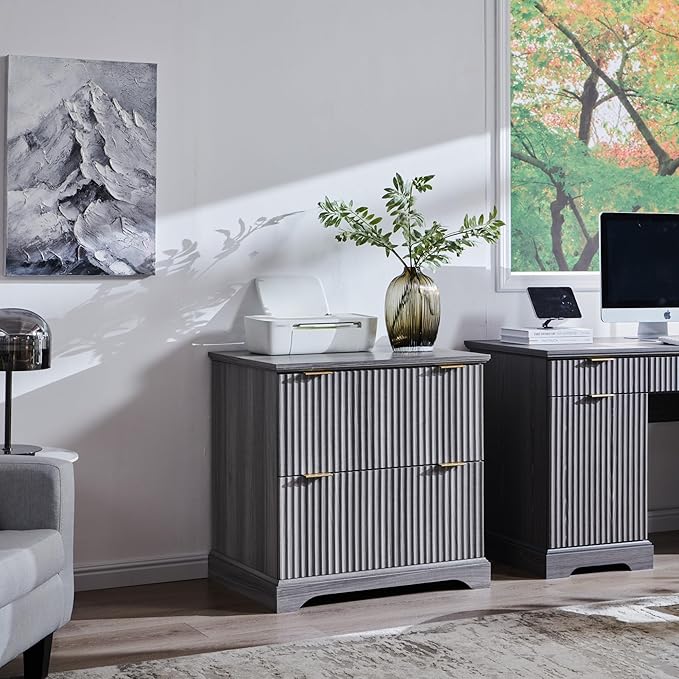 JXQTLINGMU 2 Drawer File Cabinet with Charging Station, 30" Fluted Lateral File Cabinet w/Files Hanging Rod for Letter/Legal/A4, Large Tabletop for Printer, Office Wood Printer Cabinets, Grey
