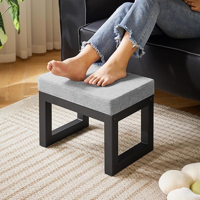 IBUYKE 16 Inch Small Foot Stool Ottoman, Rectangle Linen Foot Rest with Padded Seat and Metal Legs, Modern Ottoman Foot Rest for Living Room Bedroom Entryway Couch, Grey-Blue WBD001L