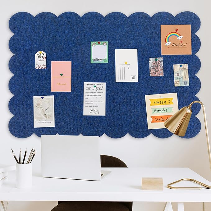 Mooliwe Scalloped Felt Bulletin Board 72 x 48 Inches Foldable Dark Blue Pin Cork Board Alternative for Wall, 6' x 4' Trifold Picture Vision Self Adhesive Bulletin Decorative