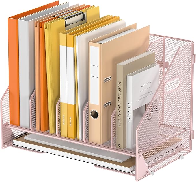 OrgMate Desk File Folder Holder Organizer-5 Vertical Compartments Racks and Paper Letter Tray,Mesh Magazine File Holder Sorter,Desktop Accessories & Workspace Organizers for Home,Office,School-Pink