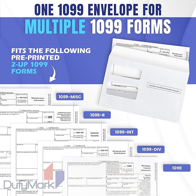 500 1099 MISC Tax Envelopes, Designed for 1099 income Misc, 1099-R, DIV, INT Tax Forms For Quickbooks or Tax Software, Double-Window Security Envelope 5 5/8 x 9, Gummed Seal, Box of 500 Envelopes