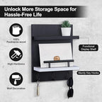 Key Holder Wall Mount, Key Holder With 2 Display Shelf, 3 Hooks for Key, Coat, Dog Leash, Key Hanger with Hook for Mail, Potted Plant, Farmhouse Mail Holder, Entry Way Organizer (Black & White)
