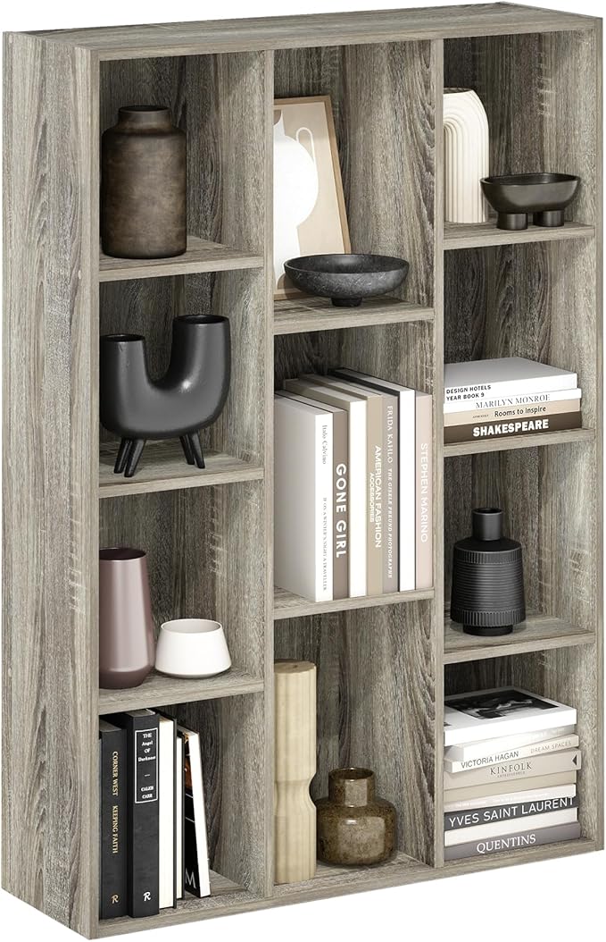 Furinno LUDER Book Shelf, 11-Cube Bookshelf, Reversible Bookcase, 9.4 x 29.1 x 41.7, for Living Room, Bedroom, Home Office, French Oak | Furinno, Luder, 11-Cube, Reversible, Open Shelf, Bookcase