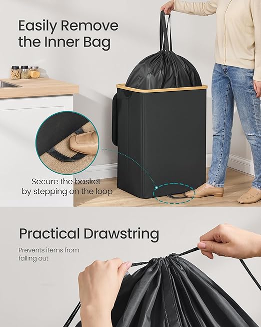 SONGMICS Recycling Bin for Kitchen 37 Gallon. Bottle Recycling Container, Collection Bin, for Metal, Plastic, Paper, Glass, Inner Bag with Handles, Kitchen, Ink Black and Natural Beige URRB513B01