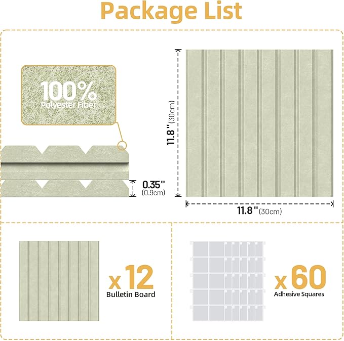 Large Cork Board for Wall 36" x 48" Sage Bulletin Board with Safe Removable Adhesive Squares for Pictures Photos, Alternative CorkBoard Felt Pin Boards Tiles for Office Classroom Wall Decor - 12 Pack