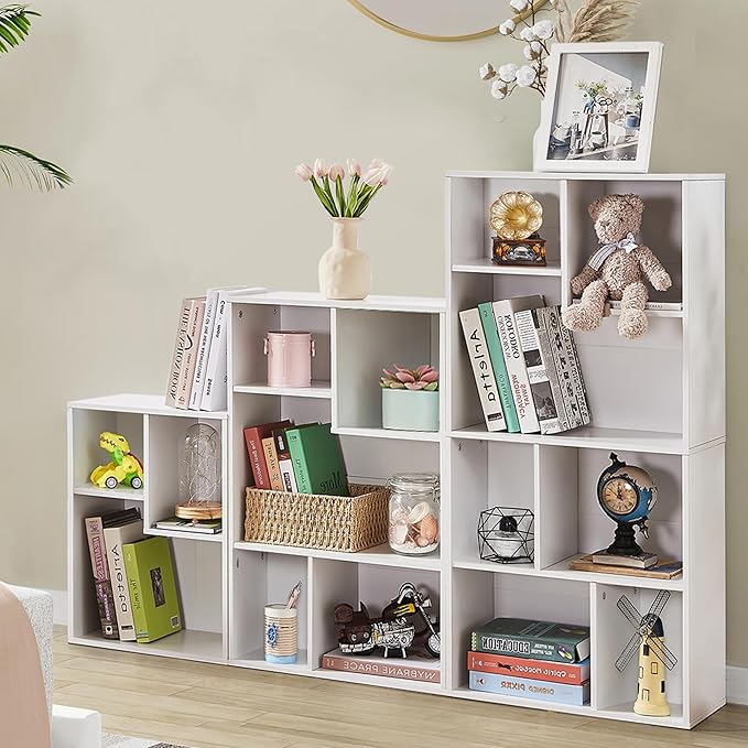 VECELO Wide Bookshelf Set, Fits 9.3" × 10-12.8" Hardcovers, Cube Storage Bookcases, Free-Standing for Living Room, Bedroom, Home Office, 2/3/4-Tier, 3-Pack, White