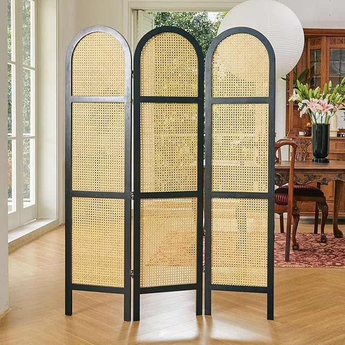 Svimi Room Divider and Folding Privacy Screens, Pine Wood 5.6 Ft Double Hinged Rattan Partition Freestanding Wall Room Divider for Home - 3 Panels