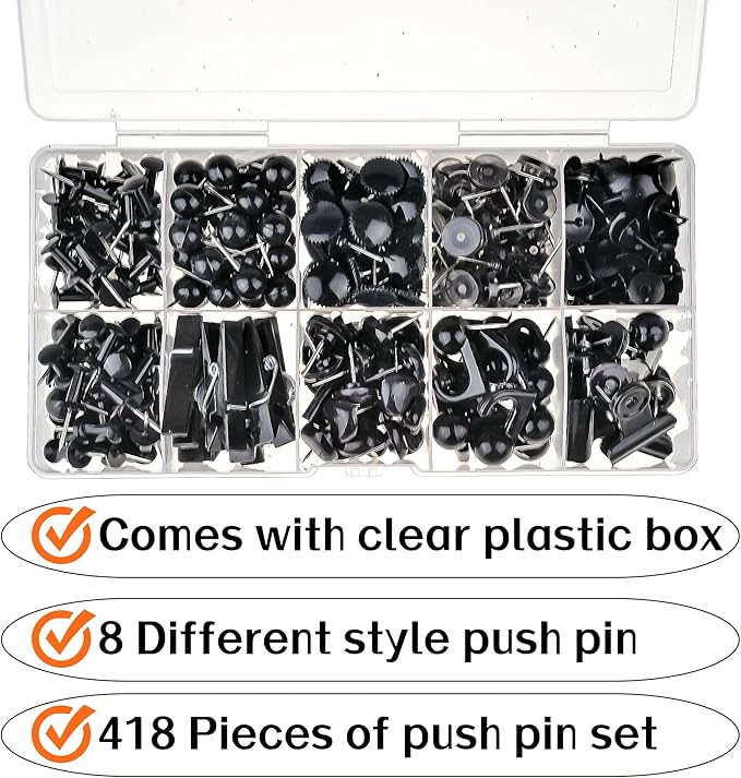 418 Pcs Push Pins Set,8 Types Black Thumb Tacks for Cork Board Bulletin Boards Home Office Accessories