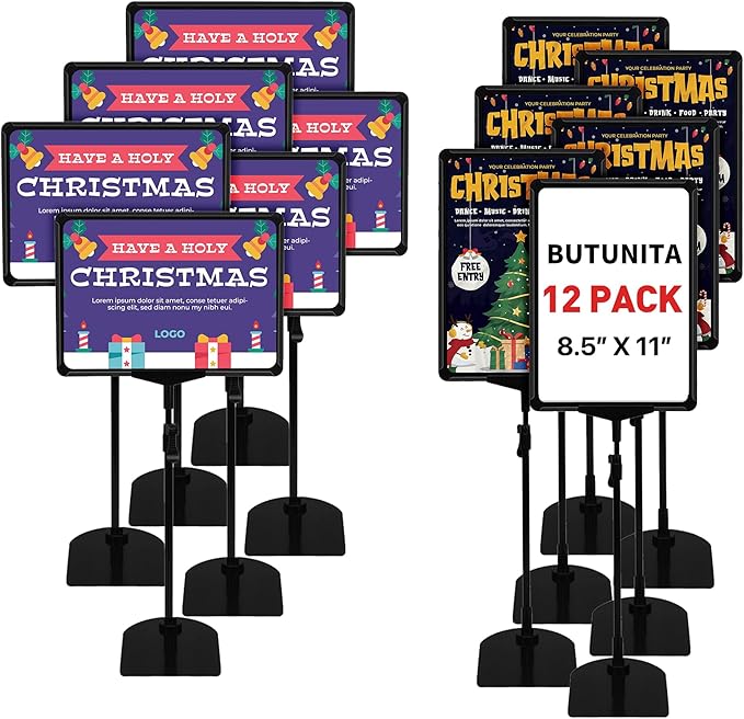 Sign Holder, BUTUNITA Adjustable Sign holder stand 8.5 x 11 Inch for Supermarket Floor Table, Tabletop Sign Holder Floor Stand, Small Table Sign Stand Holder, Vertical & Horizontal View Displayed, Sign Poster Stand (Black,12Pcs)
