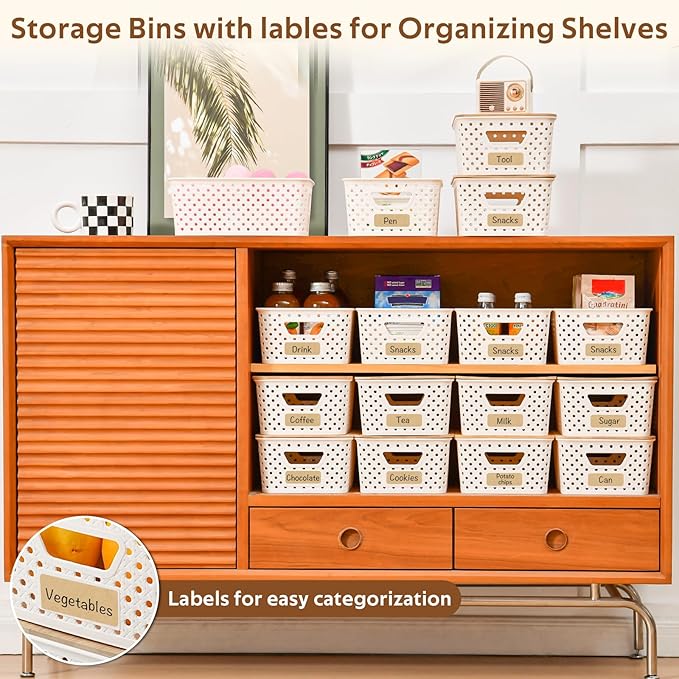AntStep 8 Pack Plastic Storage Bins with Bamboo Lids - Stackable Storage Baskets with Handle for Pantry Organizer and Storage, Plastic Containers Bins Lidded Storage Bins for Classroom Office Shelves