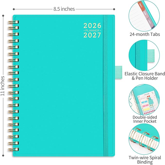 RETTACY 2026-2027 Monthly Planner, Jan 2026 - Dec 2027, Large Size (8.5" x 11"), Agenda, Calendar, 24 Month Tabs, Flexible Plastic Cover, 100 GSM Thick Paper, Spiral-bound (Tiffani Blue)