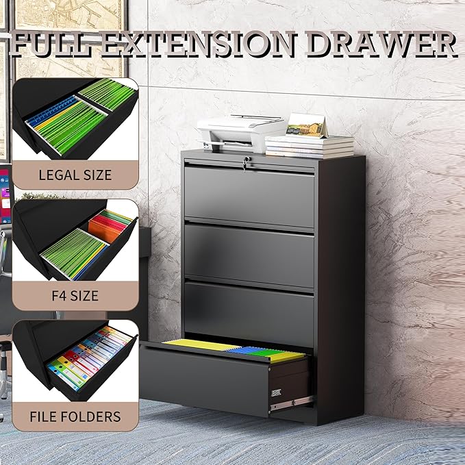mysteeldepot 4 Drawer Lateral File Cabinet with Lock, Metal File Cabinet, Lateral File Cabinets for Home Office, Heavy Duty File Storage Cabinet for Legal/Letter/A4 Document, Assembly Required, Black