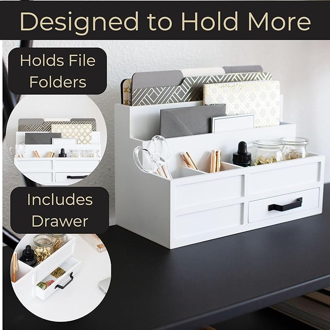 BLU MONACO | White Desktop Organizer with Drawer Storage | Tabletop Organizer with Drawers for Paper Bills Mail | Wooden Mail Organizer for Countertop Workspace | with Drawer, Bill