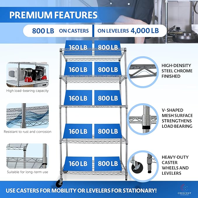 4000 LBS Heavy Duty Metal Shelving Unit – 36x18x76 NSF 5-Tier Wire Rack with Wheels, Adjustable Garage Storage Shelves, Chrome Wire Shelving for Kitchen, Warehouse, Bakers Rack – Crescent