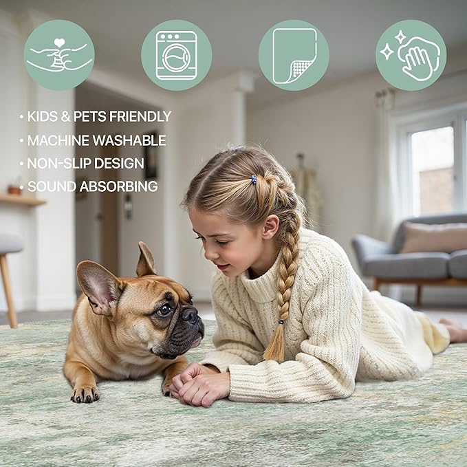 GENIMO Washable Rugs 8x10 Area Rugs for Living Room Bedroom, Modern Lightweight Rug Ultra Soft Indoor Area Rugs 8x10 for Dining Room, Low Pile Carpet with Non Slip Backing, Light Green