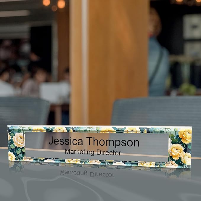 Signs ByLITA Floral Pattern Customized Nameplate | Golden Rose Personalized Full Color Acrylic Desk Sign
