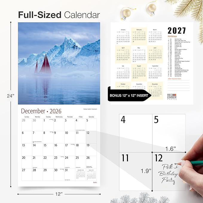 RED EMBER Arctic 2026 Wall Calendar 12 Month | 12" x 24" Open | Thick & Sturdy Paper | Holiday Gift | Travel Calendar 2026