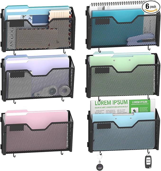 SUPEASY 6 Single Mail Organizer Wall Mounted, Wall File Organizer, Hanging File Organizer with Hooks, Mail Oganizer Binder Holder for Home Office (with 14 Adhesive Hooks)
