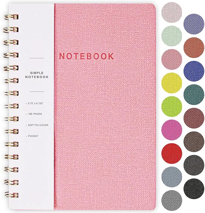 Oneirom Spiral Notebook, Pink Notebook-6.1x8.2 Inch College Ruled Journal with Inner Pockets and 160 Pages, PU Leather Cover Business Journal, Twin-Wire Binding Notebook Perfect for Office & Home