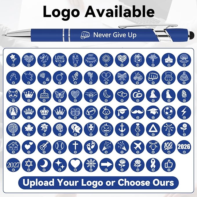 WYPAS Bulk Custom Pens - Personalized with Name, Engraved Text/Logo - Stylus Tip, Black Ink - Options for Corporate Gatherings, Events & Promotions (Blue)