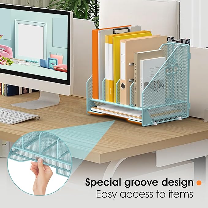OrgMate Desk File Folder Holder Organizer-4 Vertical Compartments Racks and Paper Letter Tray,Mesh Magazine File Holder Sorter,Desktop Accessories & Workspace Organizers for Home,Office,School-Blue