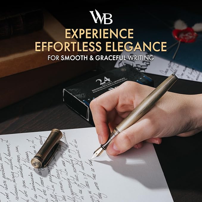 Wordsworth & Black Luxury Fountain Pen - Stunning Brushed Bronze Pen, 18K Gilded Nib (Medium), Ink Converter, Best Pen Gift Set for Men & Women, Professional, Executive, Office, Nice Pens