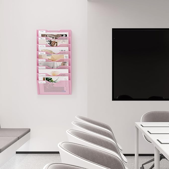 EasyPAG 8 Pocket Mesh Wall File Organizer, Hanging Paper Folder Holder with Classify Label, Vertical Wall Mount Mail Organizer for Office Home Classroom, Pink