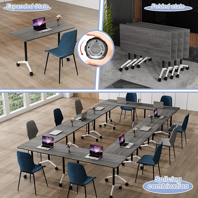 Conference Table Flip Top Mobile Conference Room Tables,Folding Conference Table with Wheels,Large Meeting Training Seminar Table Saving Space for Office Classroom(10C,55.1'')