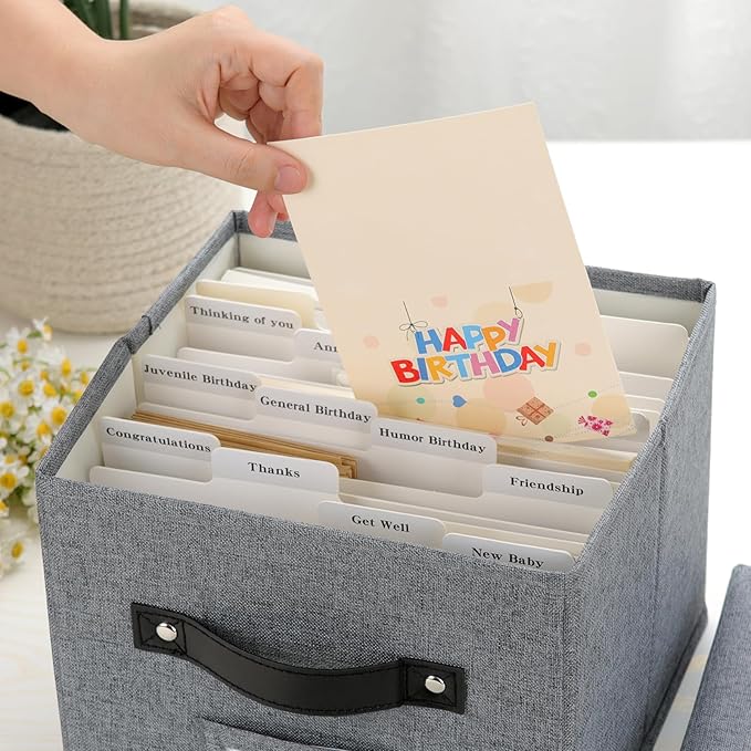 TARSUKA Greeting Card Organizer with dividers - Storage Box with lid Holds 150+ Cards - Assortment Box for Greeting Cards,Recipes, Photos, Envelopes, Keepsake - 9 x 9 x 7 Inches (Gray, 2 pcs)