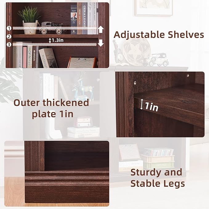 RWYHG 43" Walnut Tall Bookshelf,3-Tier Thick Wooden Book Shelf with Adjustable Shelves,Free Standing Farmhouse Bookcase with Open Display Storage,Floor Vintage Bookshelves for Living Room,Office