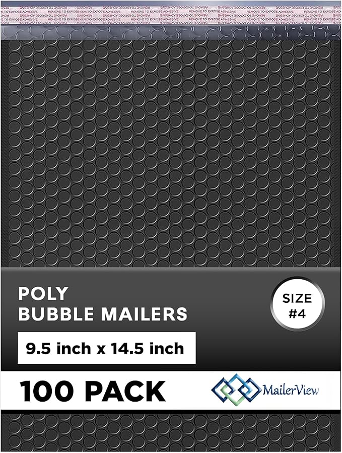 Black Large Poly Bubble Mailers 9.5x14.5 inch #4 | Self Seal Padded Envelopes Cushioned Bubble Mailer | Usable Size 9.5x13.5 | WaterProof | Lightweight mailing Shipping Bags | 100 Pack Bulk