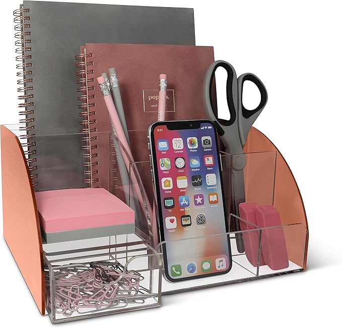 My Space Organizers Rose Gold Desk Organizer, Acrylic, 9 Compartments, Office Supplies Desk Accessories Organizer with Drawer, Pen Holder, Office Decor Desktop Organization (Rose Gold)