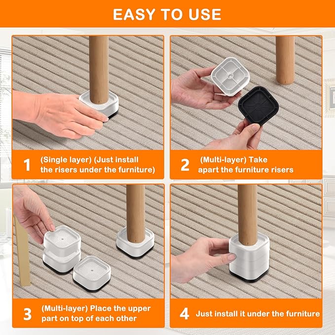 shouwuhho 8 Pack Furniture Risers Adjustable Bed Risers Heavy Duty Lifts Height 1", Square Stackable Bed Risers 1, 2 or 3 Inch for Desk Leg Table Couch Sofa Chair Bed Frame Legs Dorm, White