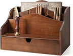 Pine Wood Mail Organizer for Desk - Rustic Mail Sorter with Drawer & Dividers - 4-Slot Mail Sorter for Letters, Files & Small Essentials - Wooden Desk Organizer for Farmhouse Home Decor (Brown)