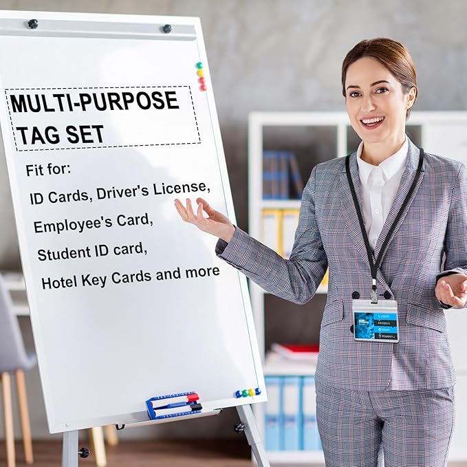 Marspark 100 Sets Clear Name Tags with Lanyard, Lanyards for ID Badges Reusable Strap with ID Holder Plastic Name Badges for Adults Business School Church Conference (Black,Blue)