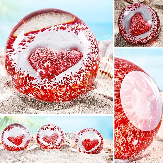 Hand Blown Glass Red Heart Paperweight ball for Birthday Gift,Home Decor Collectible,Office Decor Lovers.