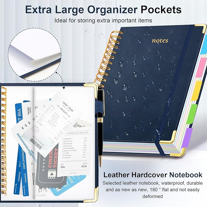 Hardcover Spiral Notebook 6.2"x 8.2" Journal Notebook with Tabs and Removable Dividers 300 Pages 5 Subject Notebook College Ruled, Faux Leather Spiral Bound Notebook for Women School Work(Dark Blue)