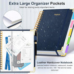 Hardcover Spiral Notebook 6.2"x 8.2" Journal Notebook with Tabs and Removable Dividers 300 Pages 5 Subject Notebook College Ruled, Faux Leather Spiral Bound Notebook for Women School Work(Dark Blue)